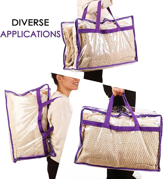 SGHUO Clear Storage Bags 60L Extra Large Plastic Vinyl Blanket Storage Bag for Clothes, Comforter, Bedding, Moving Bags with Zipper and Reinforced Handle (4pcs, Purple)