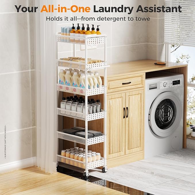 6 Tier Slim Storage Cart with Wheels, 10" D Rolling Storage Cart for Small Space, Metal Narrow Spice Cabinet Mobile Shelving Unit Organizer with Handle for Kitchen, Laundry - White