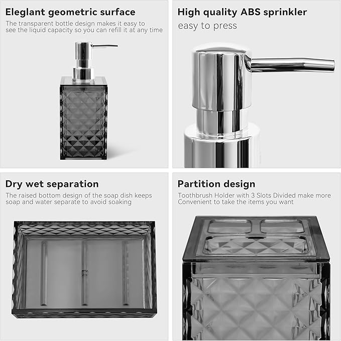 Bathroom Accessory Set, 4 PCS Grey Bathroom Accessories Set, Soap Dispenser and Toothbrush Holder Set, Soap Dish and Mouthwash Cup, Boho Bathroom Decor, Bathroom Sets Accessories