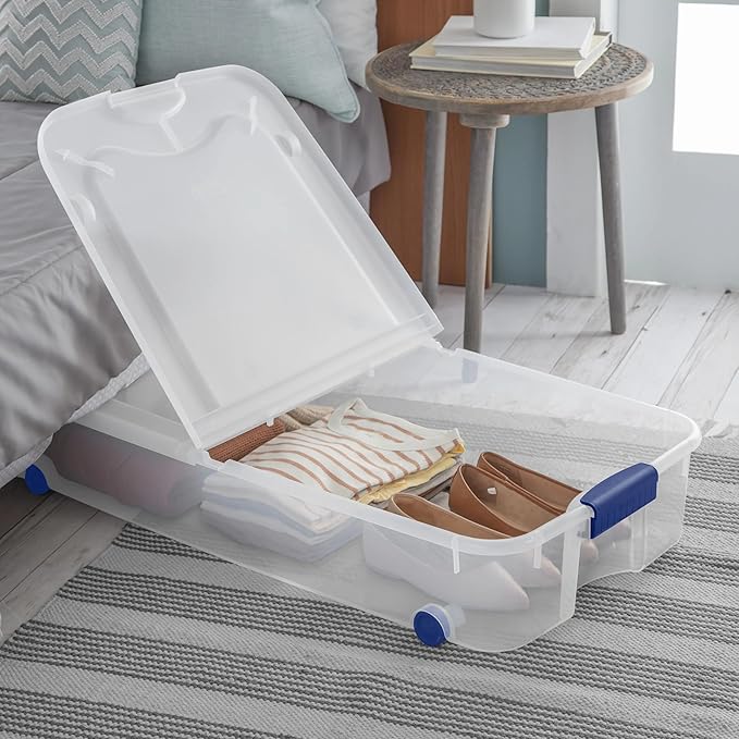 Blue 66-Quart Clear Underbed Storage Bin with Wheels & Latch Lid, Multi-Use Large Under-Bed Organizer