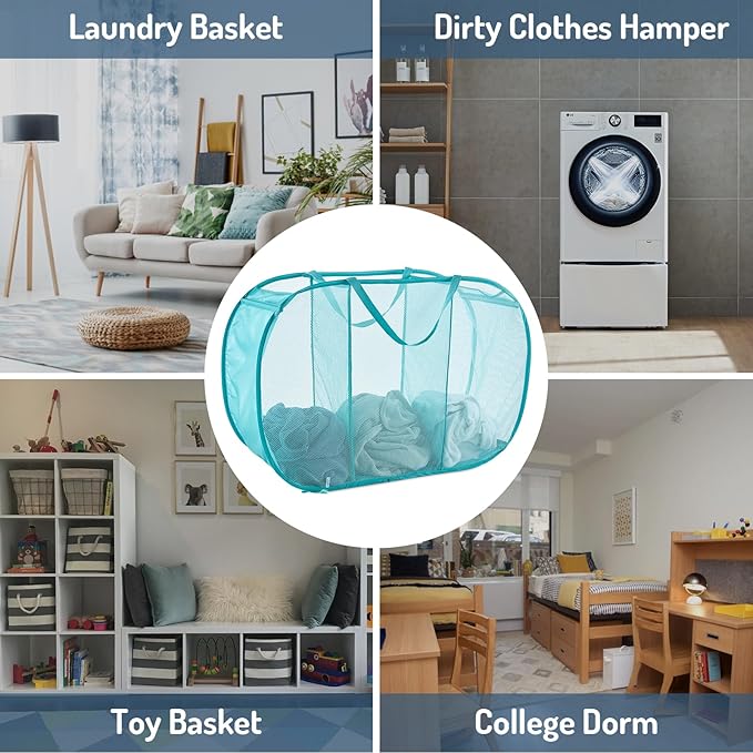 Mesh Popup Laundry Hamper 3 Compartment Sortable Horizontal Collapsible Laundry Basket for Clothes Laundry Room Bedroom Toys Travel (Turquoise Blue)