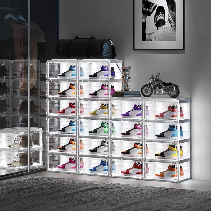 BROVIEW Led Shoe Boxes, Shoe Display Case with Lights, Large Clear Plastic Foldable Shoe Storage Box, Voice Activated Led Shoe Organizer Sneaker Case, Collection Crate, 1 Row 4 Tier White