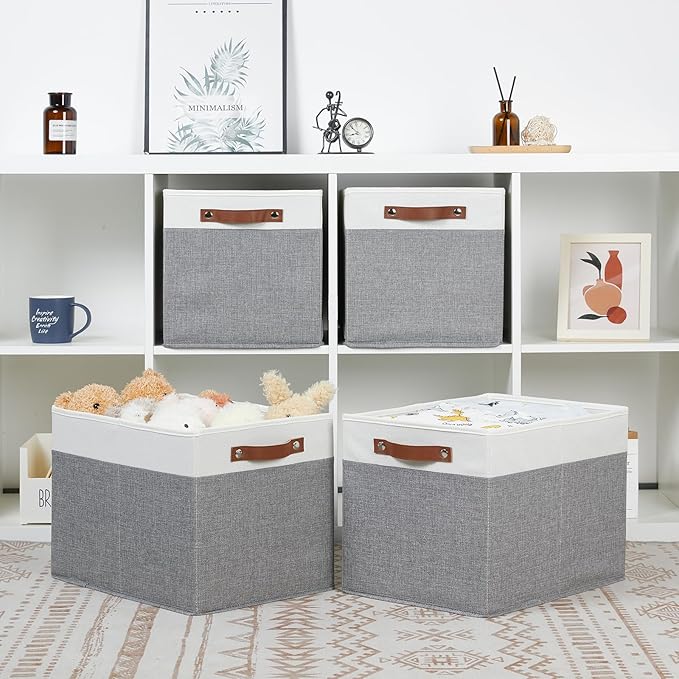 Bidtakay Large Storage Bins 4-Pack Collapsible Fabric Storage Baskets for Organizing 16x12x12 Inches White/Light Grey
