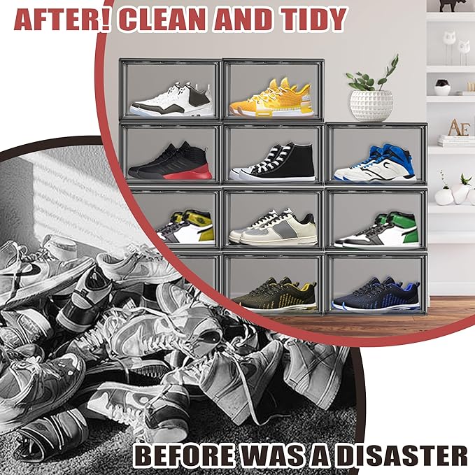 EDS FAM 4 Pack Grey Large Shoe Storage Boxes Clear Plastic Stackable Shoe Display Case with Magnetic Door, Easy Assembly Fit up to US Size 13