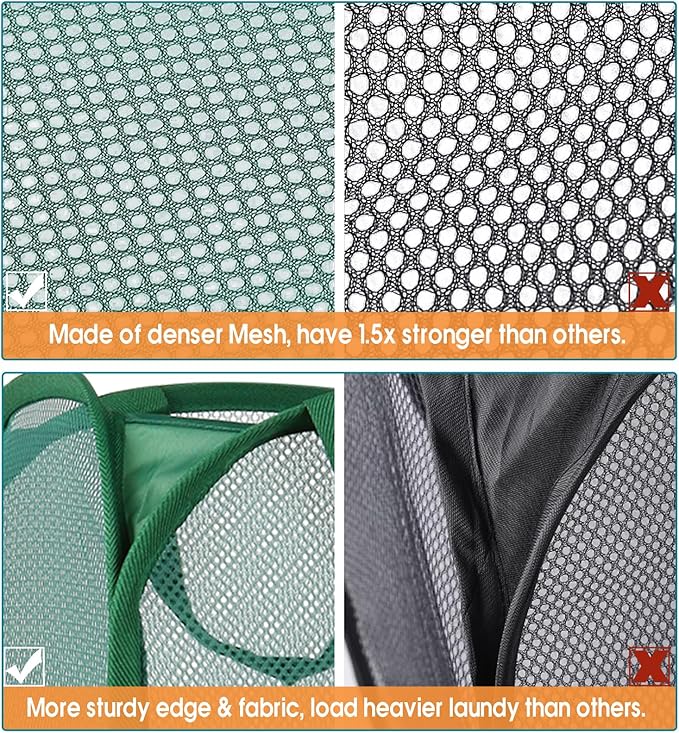 Durable Collapsible Laundry Baskets, Tear-resistant Pop Up Hamper for Laundry, Foldable Clothes Hamper with Reinforced Carry Handles Handy Pocket for Laundry Room, Bathroom, Dorm or Travel Emerald