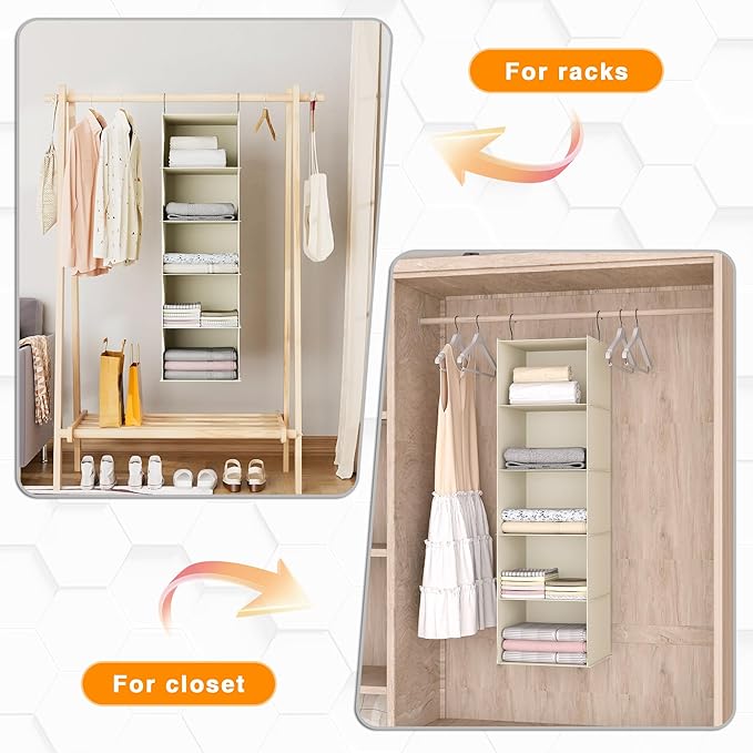 Hanging Closet Organizer, Easy Mount Foldable 5-Shelf Hanging Closet Wardrobe Storage Shelves, Clothes Handbag Shoes Accessories Storage, Washable Oxford Cloth Fabric, Beige