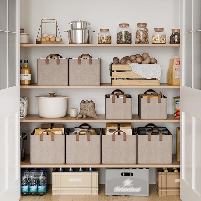 StorageWorks Storage Bins, Fabric Storage Bins for Shelves, Storage Baskets with Metal Frame, Closet Baskets and Bins with Handles, Brown and Beige, 2-Pack
