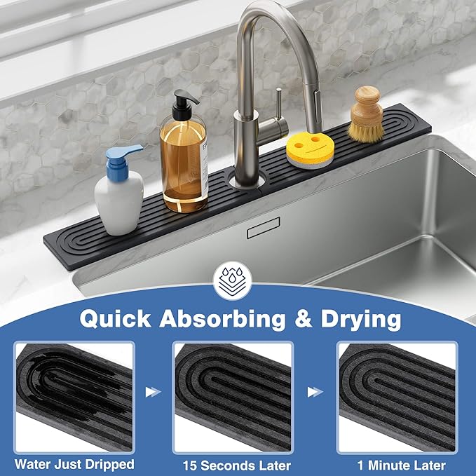 DK177 Faucet Mat for Kitchen Sink - Water Absorbing Stone Tray for Sink, Diatomite Fast-Drying Faucet Mat, Faucet Splash Guard for Bathroom Counter (Dark Gray, 30" x 4")