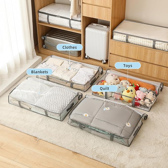 4 Pack Under Bed Storage Containers, Heavy-Duty Material Plastic Underbed Storage Bins, Blanket/Clothes Storage Bags with Lid, Bedding Comforter/Sheet/Closet Organizer and Storage