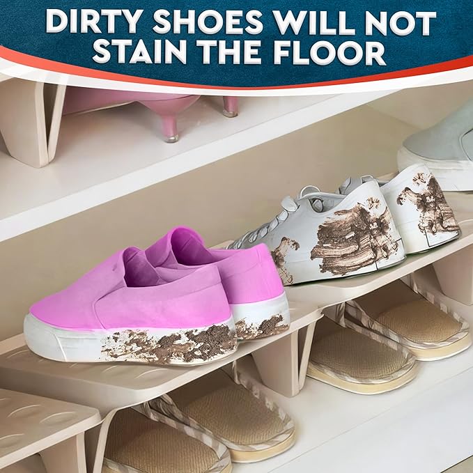 4 Pcs Stacking Shoe Organizer for Shelf 10 x 8.7 in – Double Layer Space Saving Shoe Dividers for Shelves – Footwear Riser for Heels Under 4.7", Sneakers & Flats Storage for Small Closets, Dorms, Apts