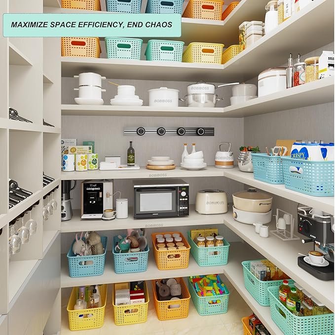 Plastic Storage Basket for Organizing 12 Pack Small Colored Storage Bins Container for Shelves, Colorful Shelf Baskets with Handles for Pantry Classroom Playroom Kitchen Cabinet Organization