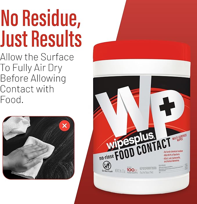 WIPESPLUS No-Rinse Food Contact Wipes Canister Multi-Surface Wipes, Unscented for Home and Business, 100, (1 Pack of 100)