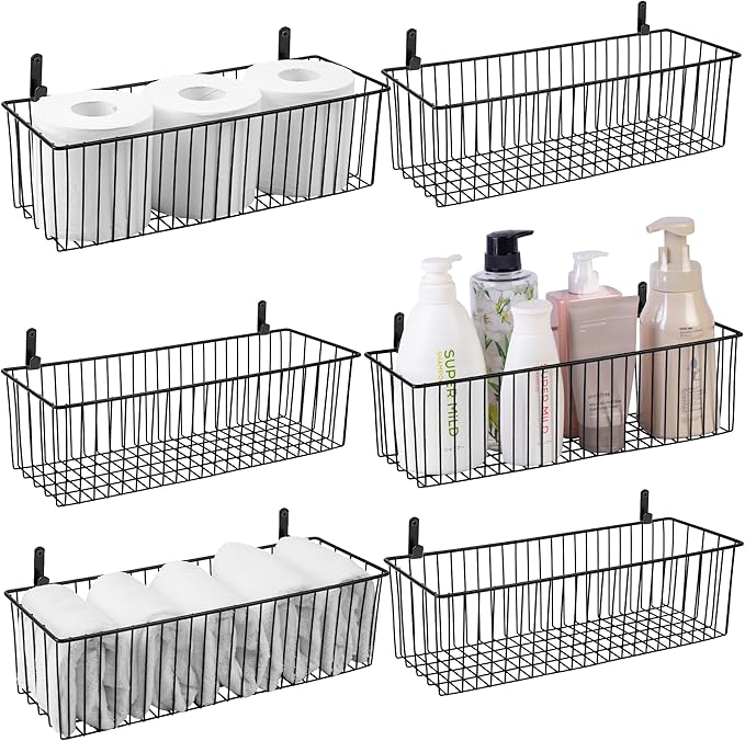 Wetheny Black Wire Hanging Storage Basket (6 Pack- Metal Toilet Paper Storage Basket - Wire Baskets for Organizing Garage,Kitchen,Bathroom,Drawer