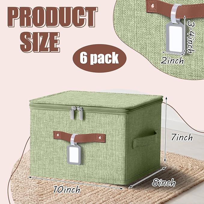 Fiwochic 6 Pack Fabric Storage Bins with Lids, 10x8x7Inch Foldable Cotton Linen Storage Boxes with PU Leather Handles and Label Holders for Closet, Bedroom, Shelf, Nursery, Green