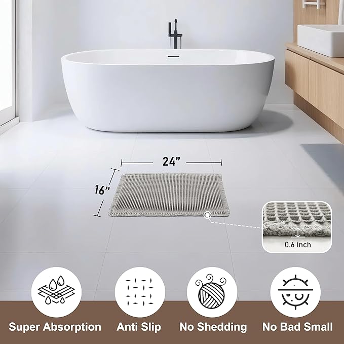 JIUZHEN Waffle Bath Mat Super Absorbent Bath Mats Machine Washable Bathroom Mats Non Slip Waffle Rugs with Rubber Backed Ultra Soft Boho Rugs for Bathroom Floor, 16" x 24", Grey