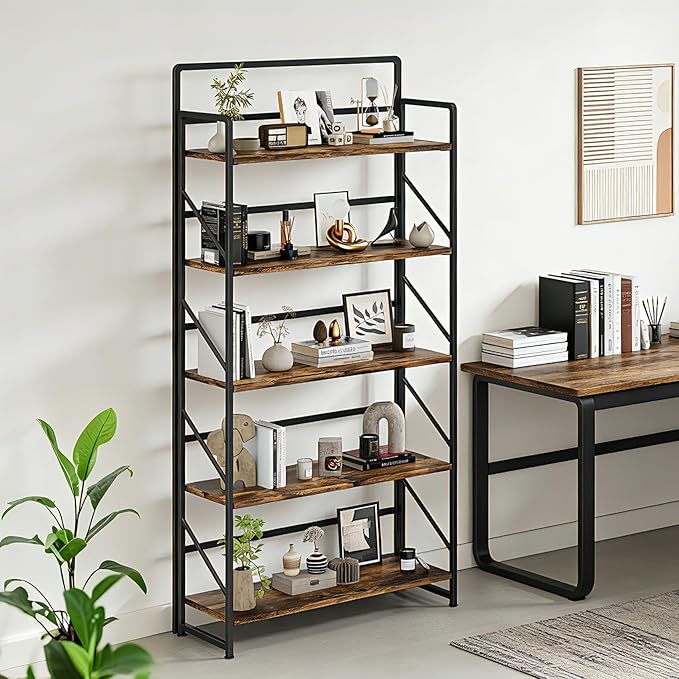 JSB Folding Bookshelf,Industrial Storage Shelves, No Assembly Vintage Wood Look Bookshelf with Storage Shelves for Living Room, Bedroom, Office (Fire Brown, Wide 5-Tier)