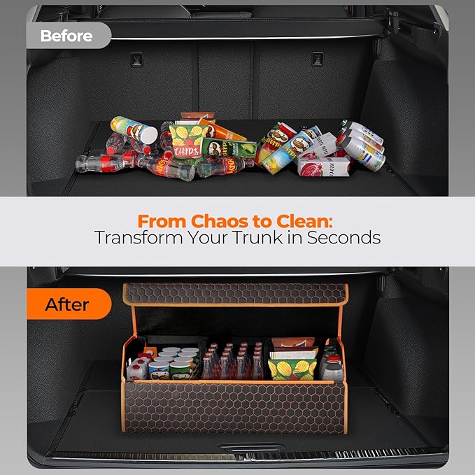 Car Organizers and Storage - Trunk Organizer for Suv Car,Car Trunk Leather Storage Box,Extra Large,Magnetic Lid,Collapsible and Adjustable