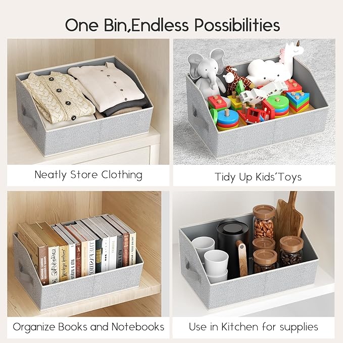 Large Closet Organizers and Storage Bins - 4 Pack Trapezoid Storage Baskets for Shelves, Foldable Fabric Baskets with Handles Ideal for Closet, Basket, Wardrobe and Shelf Storage, Light Grey