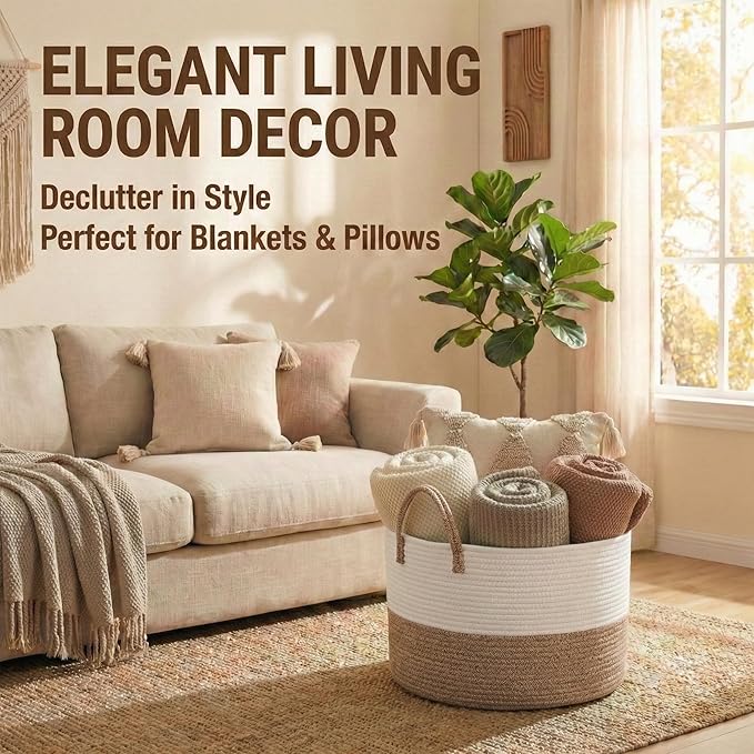 115L Extra Large Blanket Basket for Living Room - Woven Cotton Rope Laundry Hamper with Reinforced Handles - Storage Bin for Pillows, Comforters & Toys - Machine Washable,White&Brown