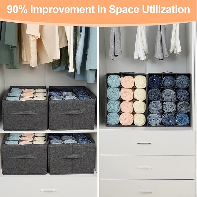 2Pcs Closet Organizers and Storage Bins for Clothes - 12 Cell Drawers Organizer Grid Storage Box for Jeans Pants Sweater Towel T-shirts, Wardrobe Shelf Dividers Closets Organization