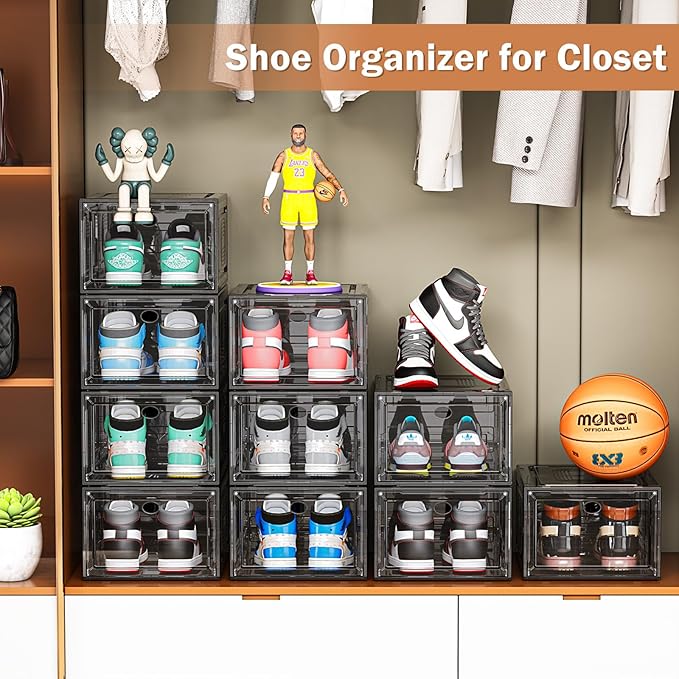 caktraie 6 Pack Thicken Shoe Organizer Stackable,Upgraded Sturdy Shoe Storage Box with Magnetic Door,Shoe Containers For Sneaker Display,Hat Organizer,Black