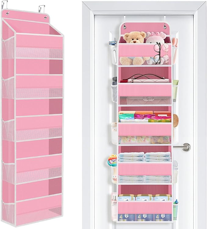 SpaceWhisper Over the Door Organizer, 5 Large Pocket Hanging Storage Organizer with 40lb Capacity, Space Saving for Nursery, Bathroom, Bedroom, Closet - Baby Essentials & Toiletry Organizer (Pink)