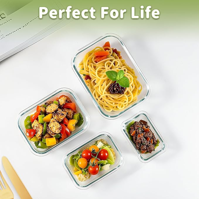 HOMBERKING 8 Pack Glass Food Storage Containers with Lids, Meal Prep Containers, Airtight Bento Boxes with Leak Proof Locking for Microwave, Oven, Freezer and Dishwasher, BPA Free, 5-35oz, Deep blue