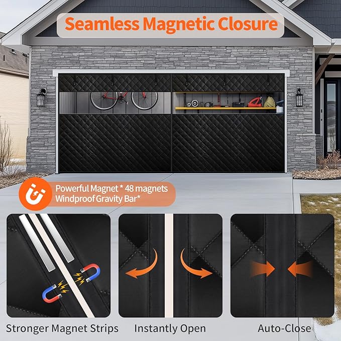 Thermal Insulated Garage Door Curtain with Clear Window, 16ft x 7ft Winter Door Cover for 2 Car Garage Heat Insulation with Thicken Polyester Fiberfill & Durable Oxford Fabric, Waterproof