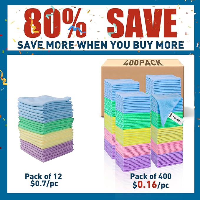 TEAWOO Microfiber Towels Bulk-400 Pack, Cleaning Cloths, Microfiber Towels for Cars, Cleaning Rags 5 Colors Assorted (12x12 inches)