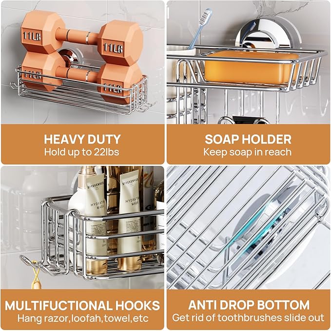 LEVERLOC Shower Caddy Suction Cup, 3 Pack Heavy Duty Bathroom Organizer for Inside Shower with Hooks & Soap Holder, Removable Bathroom Holder