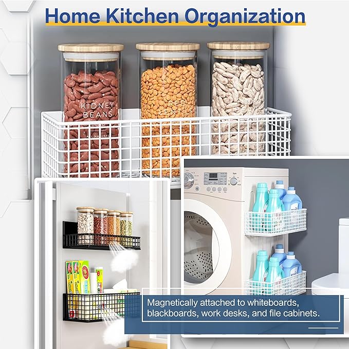 Magnetic Basket Fridge Large Magnetic Pen Holder Whiteboard Metal Wire Basket Storage Item Organizer (White-Low)