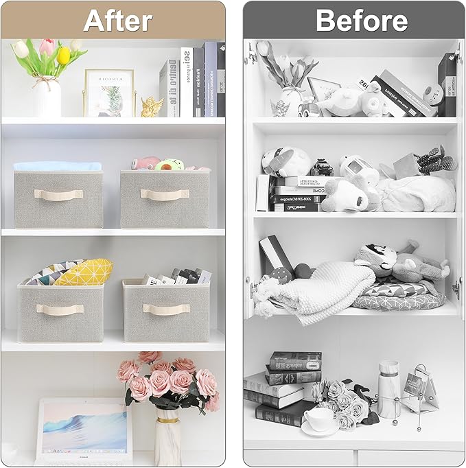 11 inch Storage Baskets, Woven Fabric Bins, Storage Cubes with Reinforced Handles, Organizer Bins for Closet Shelves, Foldable, for Clothes (Beige, 4PCS/11*11*7.8inch)