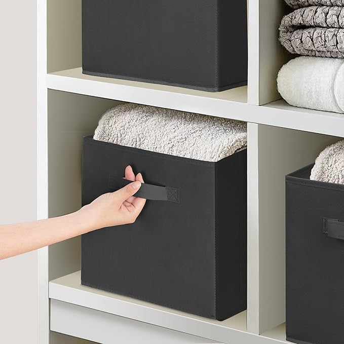 Easi 11 inch Cube Storage Bins, 4 Storage Cube Organizer, Collapsible Fabric storage cubes with Handles, Closet Storage Basket For Organization, Shelf Basket For Shelves Clothes Books, Black