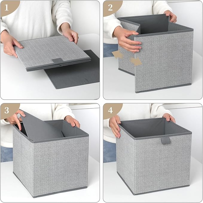Storage Baskets, 11.8-Inch Woven Fabric Bins, Storage Cubes with Reinforced Handles, Organizer Bins for Closet Shelves, Foldable, for Toys, Clothes (4PCS/Grey-11.8*11.8*11.8inch)