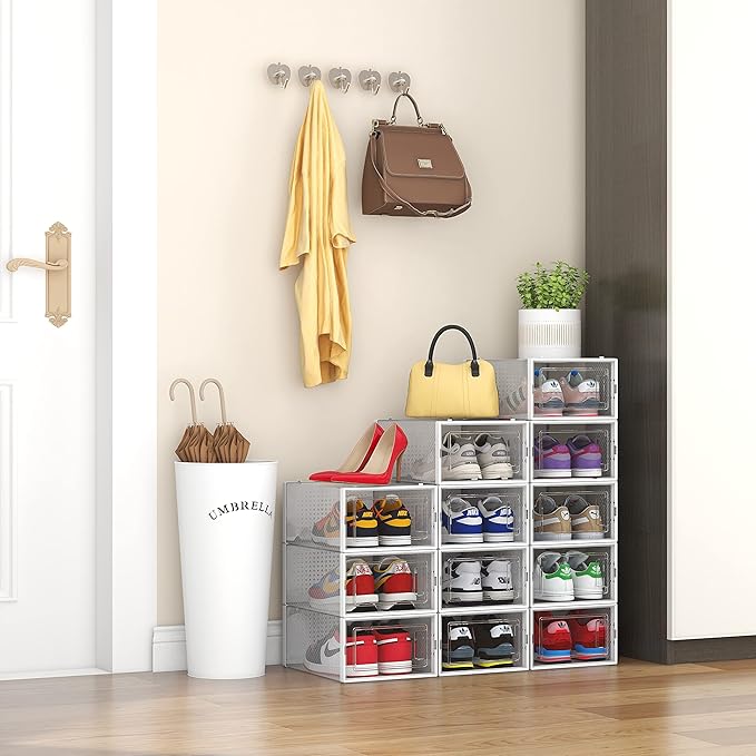 Seseno 12 Pack Shoe Organizer Storage Bins Clear Plastic Stackable Shoe Boxes for Closet, Space Saving Foldable Shoe Storage Case, Sneaker Storage Shoe Box Container