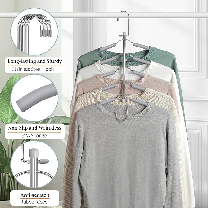 Clothes Hangers Space Saving Shirt Organizer, Non Slip Multi Shirt Hangers for Closet with Foam Padded Closet Organizers and Storage for Sweater Hoodie Blouse Coat Dress Short Grey 4 Pack