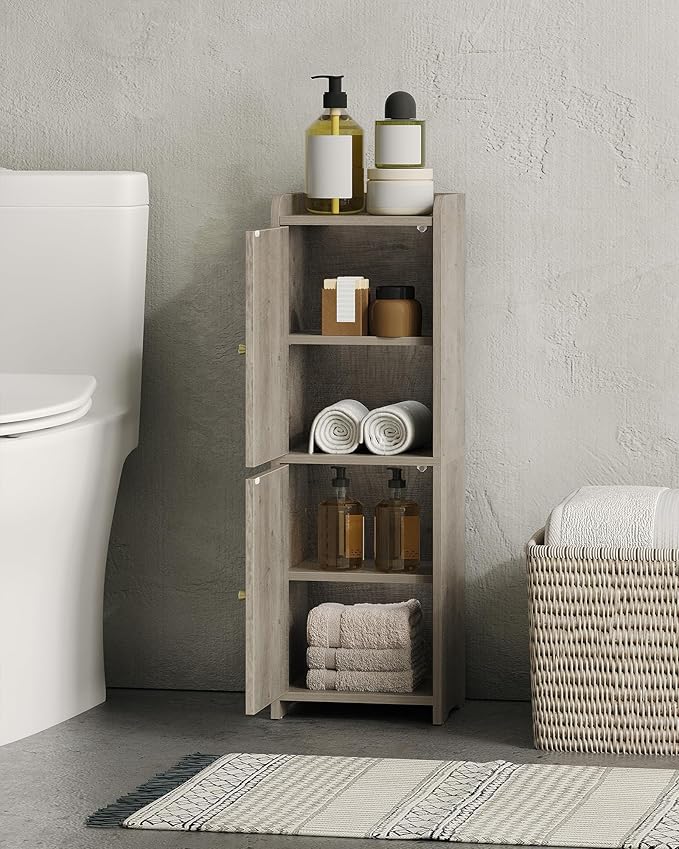 Bathroom Storage Cabinet, Small Corner Floor Cabinet with 2 Doors and Adjustable Shelf, Narrow Toilet Paper Cabinets, Bathroom Organizer for Small Spaces, 7.9" D x 9.8" W x 29.5" H Greige