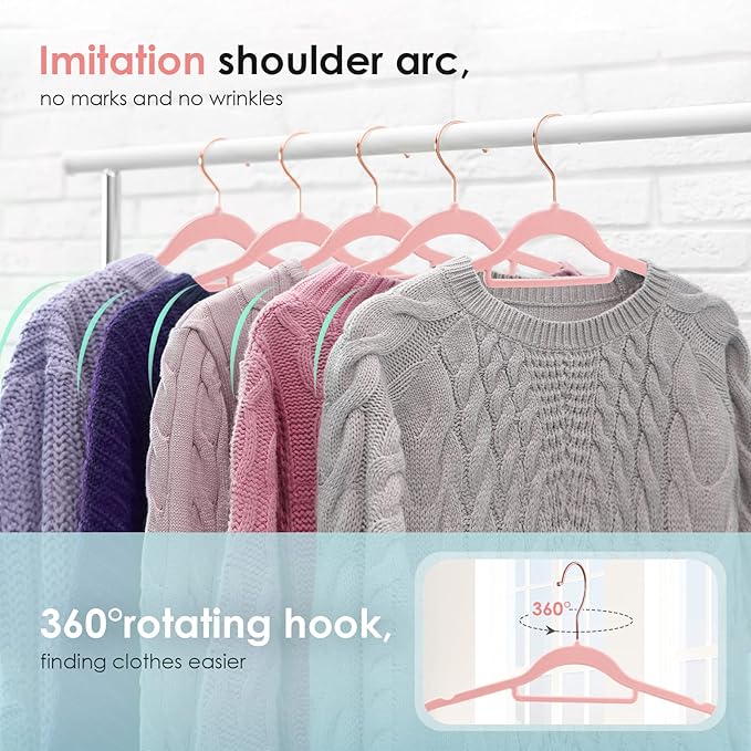 Velvet Hangers Non Slip Felt Hangers, 50 Pack Pink Velvet Clothes Hangers Space Saving Slim with 360 Degree Swivel Hook for Suits Coats, Jackets, Pants, and Dress Clothes