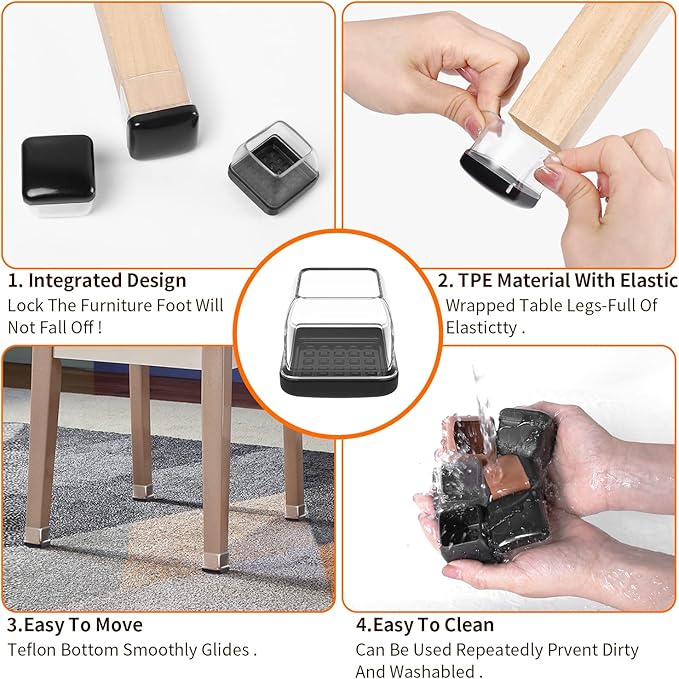 Ezprotekt Chair Leg Sliders for Carpet, 24 Pcs Square Chair Glides for Carpet, Carpet Furniture Pads Stool Leg Protectors Caps, Carpet Furniture Glides Quickly and Easily (L Fit:1" - 1.4")