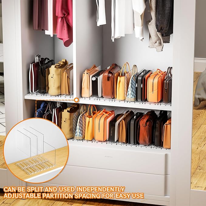 Yieach Clear Acrylic Shelf Dividers for Closet Organization,4 Pack Adjustable Bags,Clutch,Purse Organizer and Storage,Handbag Organizer for Closets,Purse Divider,8.8″ Tall Sweater,Tshirt,Towel Divider