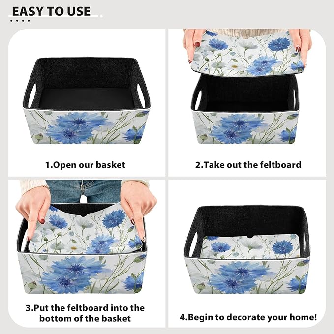 White Blue Cornflowers Daisy Flower Watercolor Closet Storage Bins 2 Pcs Felt Open Home Storage Containers Organizer with Handles Collapsible Shelf Basket for Home Office Craft Room Classroom