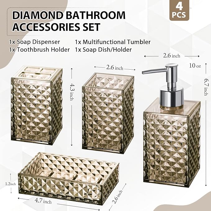 Brown Bathroom Accessories Set, 4 Pack Acrylic Bath Accessory Sets Complete, Diamond Soap Dispenser and Toothbrush Holder Bathroom Counter Sink Set, Boho Modern Bathroom Decor
