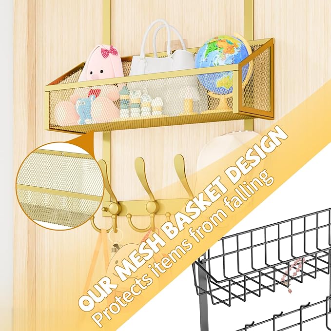 Kaiferty Over The Door Hooks Organizer, Coat Rack Over The Door Storage Hanger Towel Rack, Back of Door Storage Organizer for Bathroom,Bedroom,Kitchen,Office (Gold, 2-Tier)