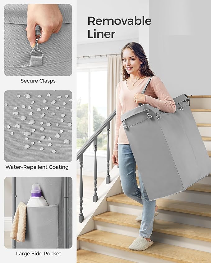 SONGMICS Laundry Basket with Wheels, Rolling Laundry Hamper, 23.8 Gallons (90 L), Removable Liner, Steel Frame with Handle, 24 x 11.4 x 31.9 Inches, Dove Gray URLS003G01