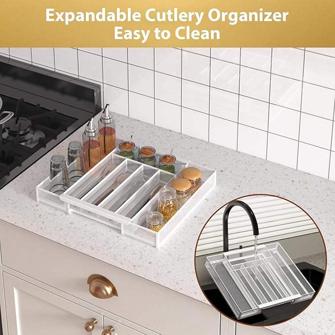 Silverware Organizer Metal Mesh, Drawer Organizer, Utensil Cutlery Tray for kitchen drawers,Expandable Flatware Organizer with 7 Compartment White 9.6"~16.1" x 13.8"