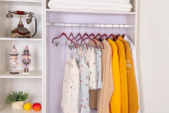 Quality Hangers Plastic Non Velvet Non-Flocked Thin Compact Skirt and Pant Hangers with Metal Clips - Suited for Pants Blouses Coats - 360° Swivel Hook (Raspberry, 20)
