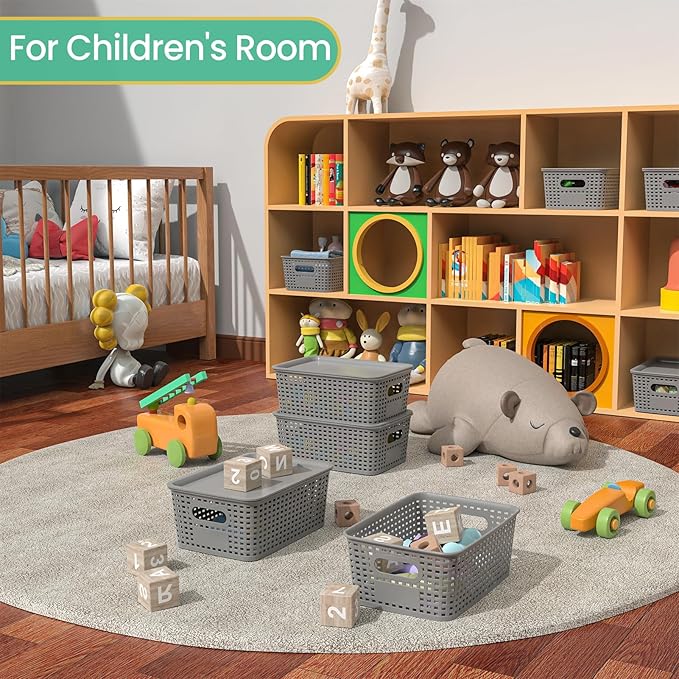 Plastic Storage Baskets with Lid - Plastic Storage Containers Stackable Storage bins: Storage Baskets for Organizing Shelves Drawers Desktop Closet Playroom Classroom Office, 8 Pack-Gray