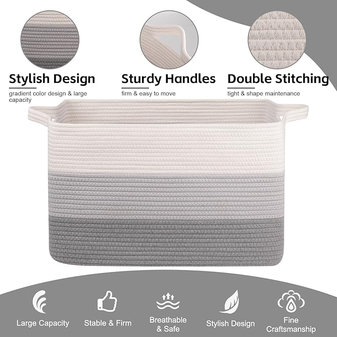 OIAHOMY Extra Large Blanket Basket, 95L Woven Storage Basket, Cotton Rope Toy Bin for Baby Room, Container for Storage in Living Room, 24''×17''×14'', Gradient Grey