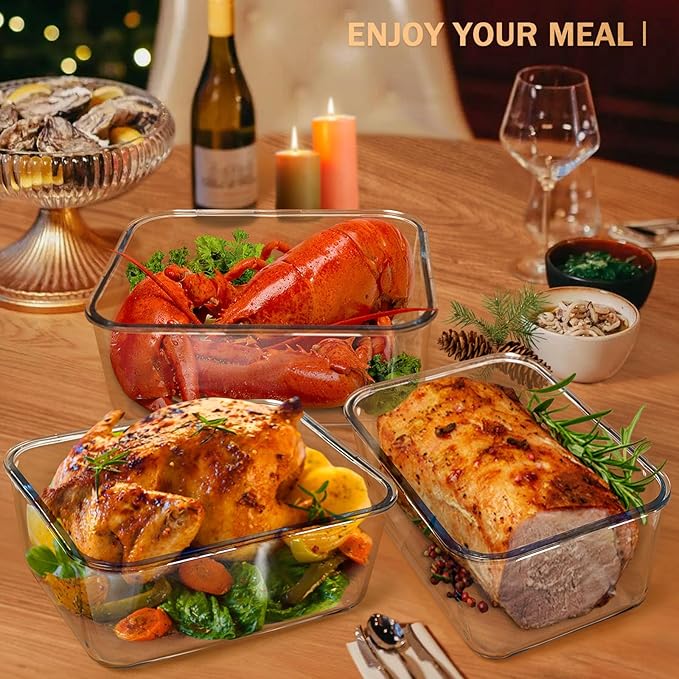 Large Glass Storage Containers with Lids, Extra Large Glass Food Containers for Rotisserie Chicken/Turkey and Potluck, Giant Watermelon Container, XL Big Bowl Freezer Storage Container Airtight 200oz