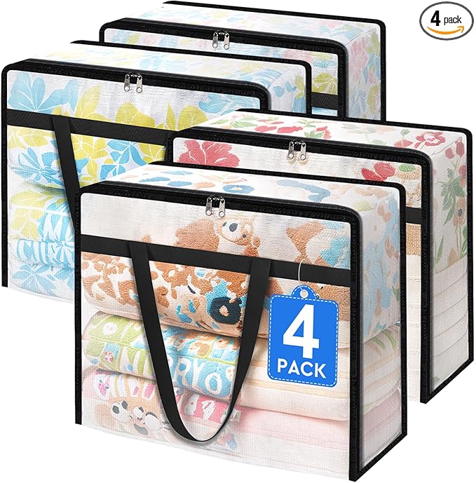 4 Pack Clear Storage Bags for Comforter, Clothes & Bedding, Plastic Blanket Storage with Zipper and Handle, Moving Bags, Closet Organizer and Under-Bed Storage (90L)